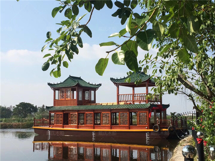 14米雙層畫舫船 生態園水上餐飲船 木質觀景船 可加裝電動動力