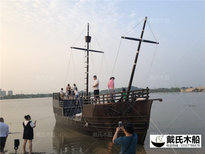 湖北孝感天嶼湖仿古海盜船 仿古木質帆船