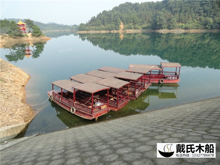 水庫8米電動仿古木船 景區電動觀光休閑旅游船 木質雙篷子船